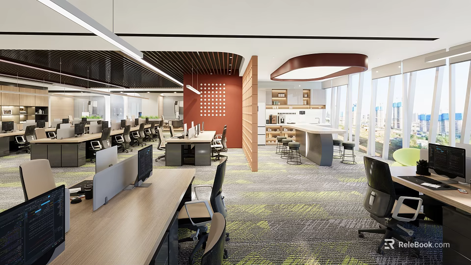 Modern Office Interior Design With Open Layout Desks Computers Chairs Carpet And Large Window 3d model 