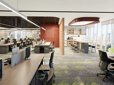 Modern Office Interior Design With Open Layout Desks Computers Chairs Carpet And Large Window 3d model