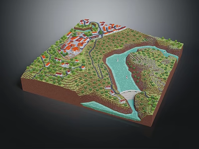Cartoon Style 3D Terrain Model with River Greenery Red Roof Buildings Bridge and Path 3d model