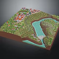 Cartoon Style 3D Terrain Model with River Greenery Red Roof Buildings Bridge and Path