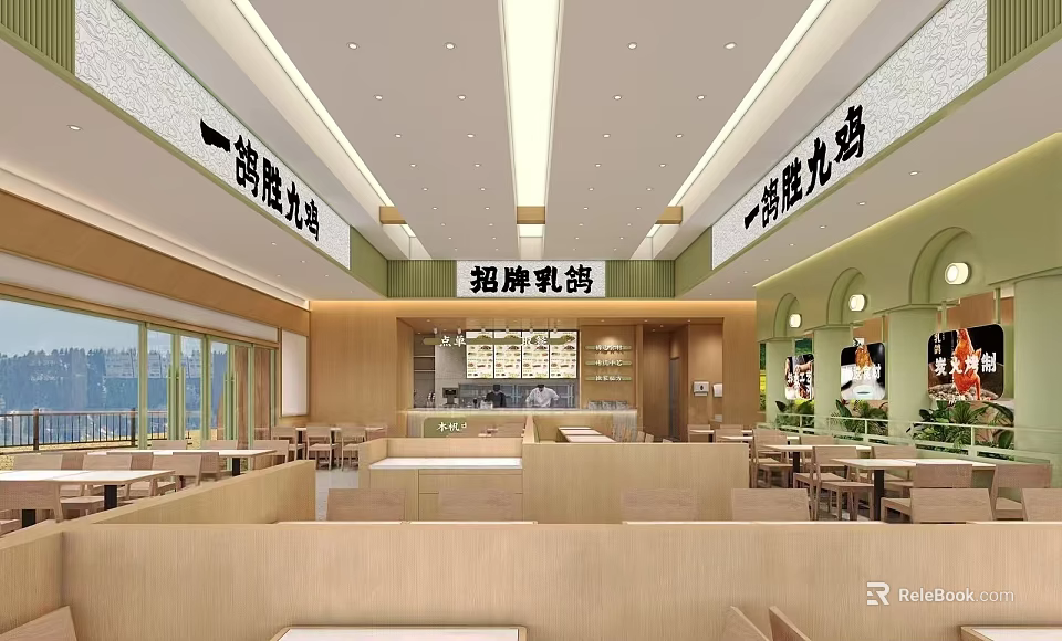 Modern Restaurant With Signature Roast Pigeon Spacious Dining Area Warm Lighting And Scenic Windows 3d model 