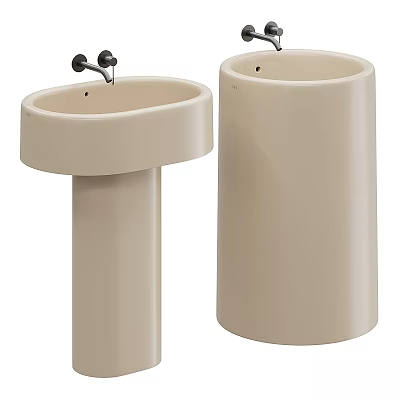 Two Beige Pedestal Washbasins With Sleek Cylindrical Design And Smooth Ceramic Surface 3d model