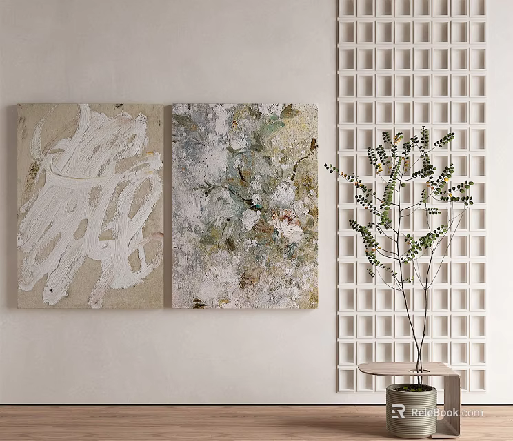 Abstract Paintings On Wall With Grid Panel And Potted Plant Decor 3d model 