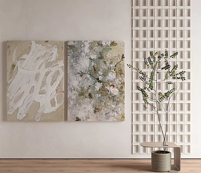 Abstract Paintings On Wall With Grid Panel And Potted Plant Decor 3d model