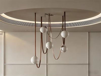 Modern Pendant Light With White Round Balls And Copper Hanging Rods In Interior Design 3d model