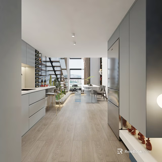 Modern Apartment Interior With Open Kitchen Staircase And Dining Area 3d model 