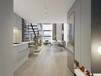 Modern Apartment Interior With Open Kitchen Staircase And Dining Area 3d model