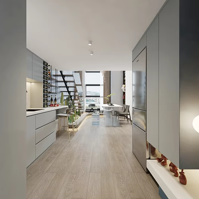 Modern Apartment Interior With Open Kitchen Staircase And Dining Area 3d model