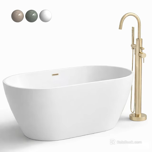 Modern Freestanding White Bathtub With Gold Faucet And Gray Round Ceiling Lights 3d model 