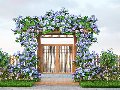 Beautiful Garden Entrance Plant Combination With Purple Hydrangeas On Wooden Arch And Greenery 3d model