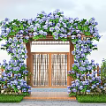 Beautiful Garden Entrance Plant Combination With Purple Hydrangeas On Wooden Arch And Greenery