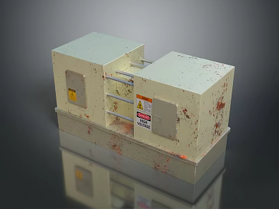 Industrial Equipment Model Beige Cubic Structures With Connecting Parts Red Stains And Warning Signs 3d model