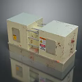 Industrial Equipment Model Beige Cubic Structures With Connecting Parts Red Stains And Warning Signs