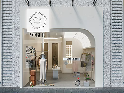Stylish Modern Clothing Storefront With Vogue Window Display Mannequin And Welcome Sign 3d model