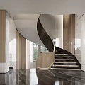 Elegant Modern Spiral Staircase Interior With Marble Floor Wooden Walls And Glass Railing
