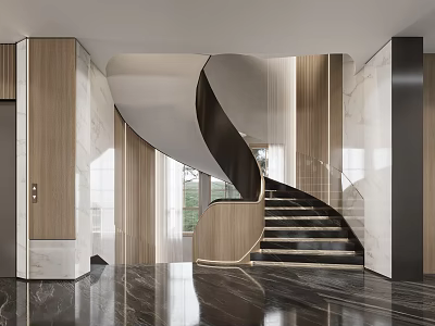 Elegant Modern Spiral Staircase Interior With Marble Floor Wooden Walls And Glass Railing 3d model