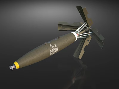 Military Bomb Weapon With Green Body Yellow Tip And Deployable Metal Tail Fins 3d model