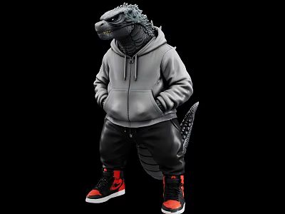 Godzilla Wearing Gray Hoodie Black Pants And Red Sneakers With Tail 3d model