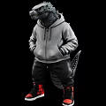 Godzilla Wearing Gray Hoodie Black Pants And Red Sneakers With Tail