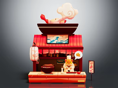 Cartoon Japanese Food Stall Scene With Red Roof Chef Hanging Lanterns Cloud Pattern And Signboard 3d model