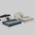 Elegant European Style Double Bed With White Frame Blue Sheets And Patterned Headboard