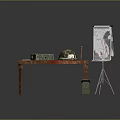 Military Weapons Display with Green Ammo Box Helmet Bullets on Wooden Table and Tripod Map