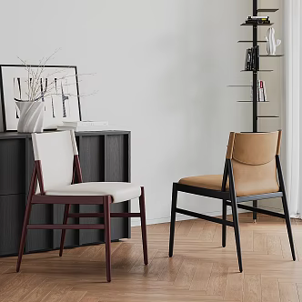 Middle Style Single Chair Combination Italian Single Chair Combination Smoked Oak Leather Side Cabinet 3d model
