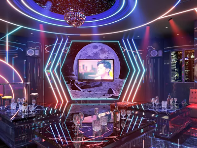 Luxurious KTV Interior With Neon Lights Moon Background Large Screen And Wine Glasses 3d model