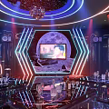 Luxurious KTV Interior With Neon Lights Moon Background Large Screen And Wine Glasses