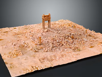 Ancient Ruins Model Featuring Central Archway On Sand Base With Stone Debris 3d model