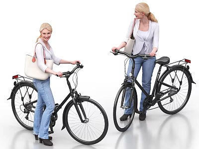Women Riding And Standing With Bicycles Wearing Jeans And Light Colored Tops Carrying Bags 3d model