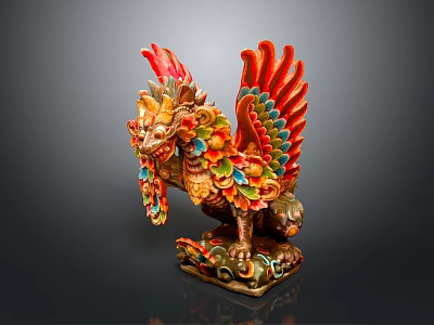 Colorful Mythical Creature Sculpture With Dragon Head Phoenix Wings Intricate Decorations And Ornate Base 3d model