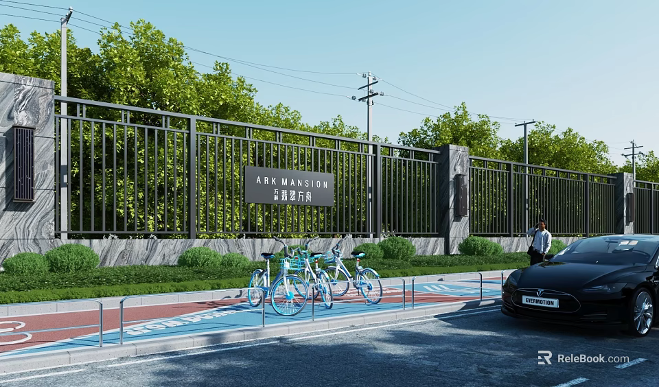 Building Exterior Wall With Black Metal Fence ARK GARDEN Sign Green Trees And Bicycles 3d model 