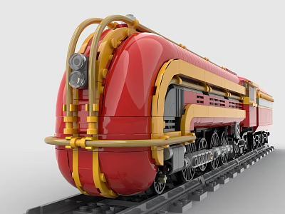 Red And Yellow Building Blocks Train Model With Wheels On Track Design 3d model