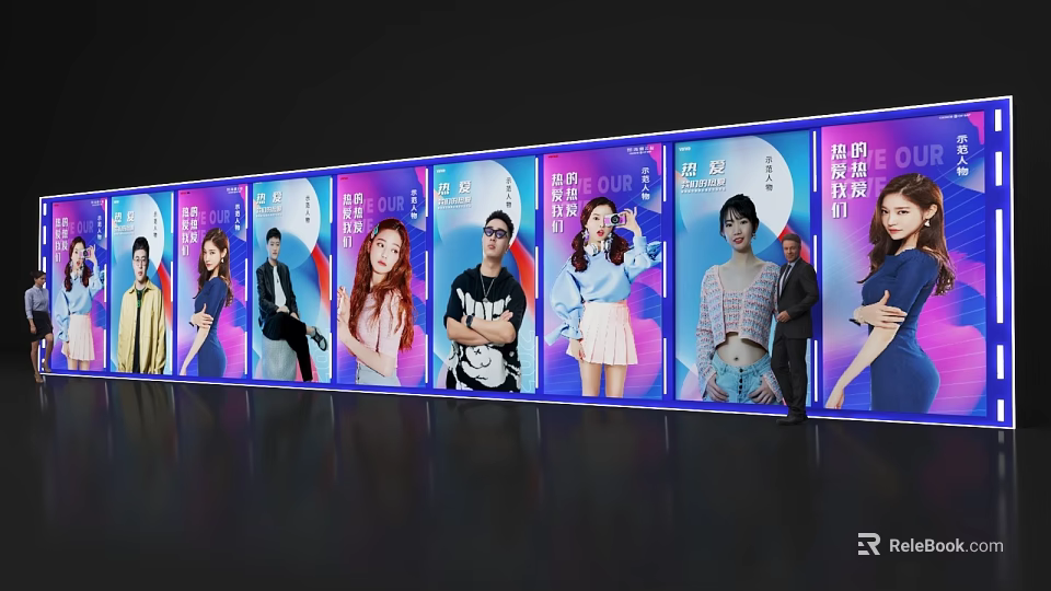 Modern Event Display Wall With Illuminated Panels And Fashion Portraits 3d model 