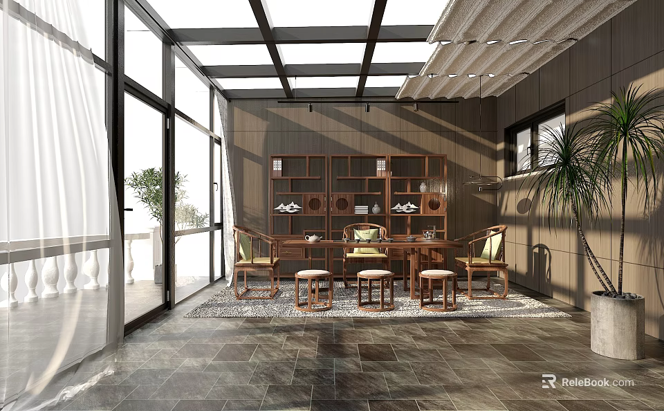 Traditional Tea House Interior With Wooden Bookshelf Tables Chairs And Large Windows 3d model 