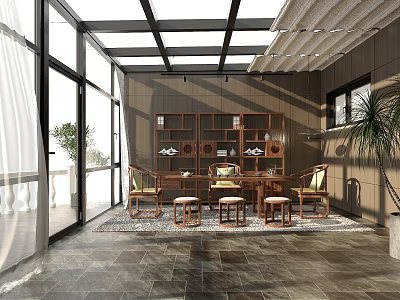 Traditional Tea House Interior With Wooden Bookshelf Tables Chairs And Large Windows 3d model