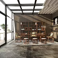 Traditional Tea House Interior With Wooden Bookshelf Tables Chairs And Large Windows