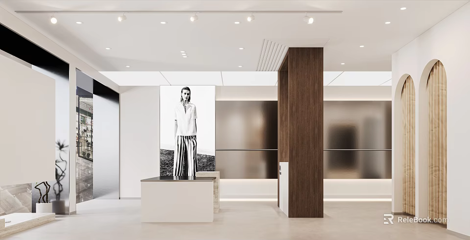 Modern Clothing Store Interior With Fashion Model Poster Wooden Column And Display Counter 3d model 