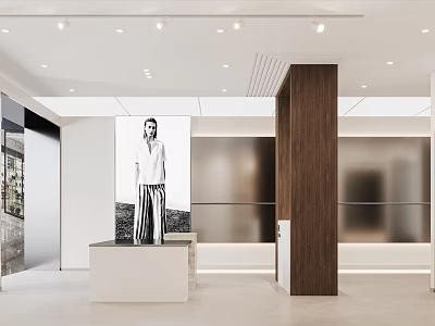 Modern Clothing Store Interior With Fashion Model Poster Wooden Column And Display Counter 3d model