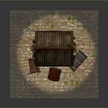 Ancient Wooden Well Structure With Brick Red Cushioned Chair Trunk Green Plants And Stone Pavement
