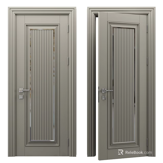 Modern Hinged Door Design With Vertical Lines And Metal Frame Silver Finish 3d model 