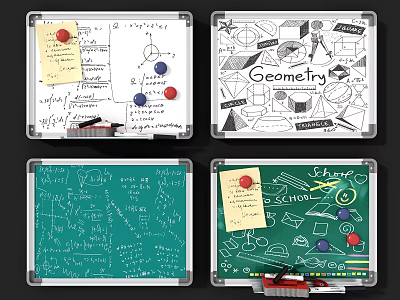 Colorful Musical Instruments and Drawing Tools with Math Diagrams Sticky Notes on Whiteboards 3d model