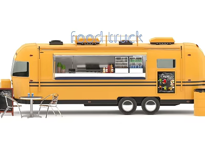 Yellow Food Truck With Serving Display Window Kitchen Equipment And Outdoor Tables Chairs 3d model