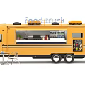 Yellow Food Truck With Serving Display Window Kitchen Equipment And Outdoor Tables Chairs