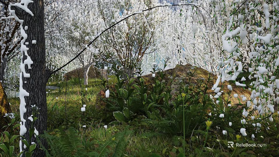 Beautiful Garden Landscape With Cherry Blossom Trees Rocks Lush Grass Green Plants And White Flowers 3d model 