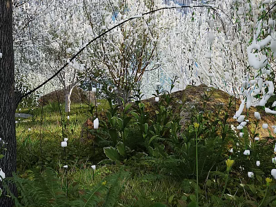 Beautiful Garden Landscape With Cherry Blossom Trees Rocks Lush Grass Green Plants And White Flowers 3d model