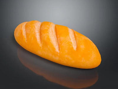 Appetizing Golden Long Bread With Surface Slits On Dark Shiny Background 3d model