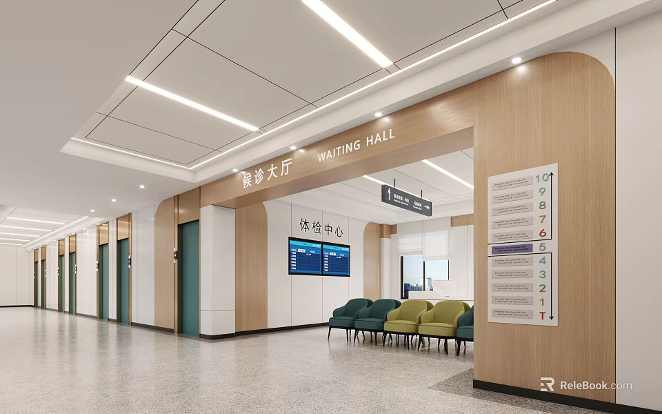 Hospital Outpatient Waiting Hall Interior With Seating Area And Screens 3d model 
