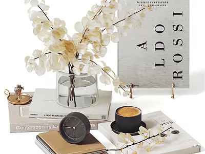 Decorative Ornament Set With White Floral Branches Clear Vase Books Black Clock And Coffee Cup 3d model